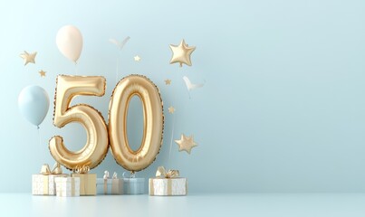 Golden 50th Anniversary Balloons with Gifts