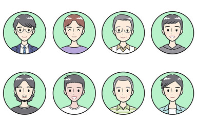 様々な年代の大人男性　ポジティブな表情　丸いアイコンセット　グリーン