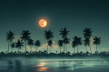 Tropical Night With Full Moon and Palm Trees.
