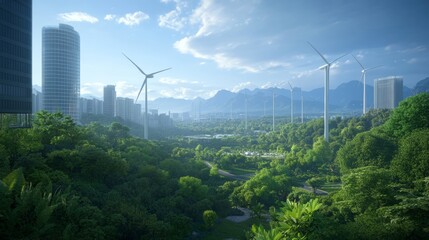 Green City with Wind Turbines.