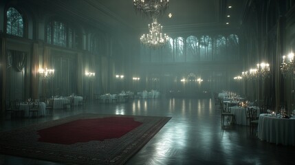 Fototapeta premium Grand Hall with Fog and Chandeliers.