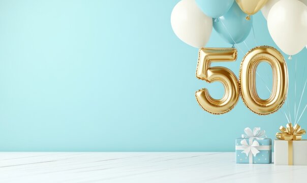 Happy 50th Birthday Celebration with Balloons and Gifts