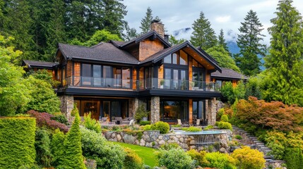 Fototapeta premium Fragment of luxury house with nice summer landscape in Vancouver, Canada