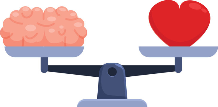 This vector illustration shows a balance comparing the values of love and logic