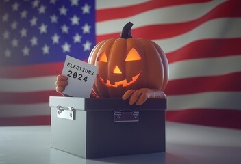 A Halloween pumpkin choosing its next president of the United States. It is inserting a ballot with his hand into a ballot box in the United States elections.