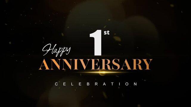 Happy 1st anniversary, Text with white and golden letters and Dark Golden particle Bokeh background