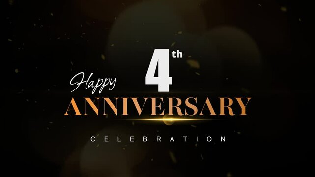 Happy 4th anniversary, Text with white and golden letters and Dark Golden particle Bokeh background