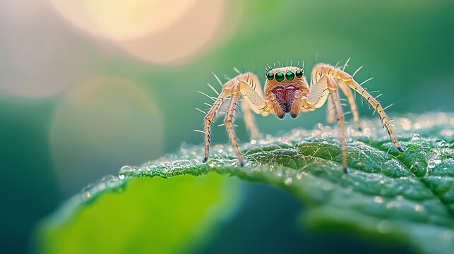 A tiny spiderling rests gracefully on a vibrant leaf, its delicate legs and petite form beautifully contrasted by a softly blurred backdrop of nature's wonders.