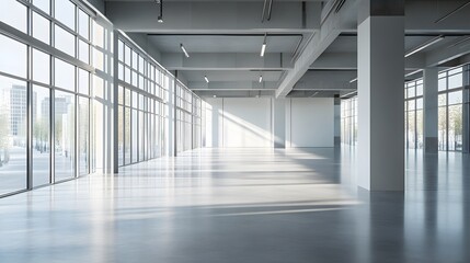 Obraz premium Modern Empty Interior Space with Large Windows and Concrete Beams