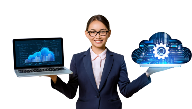 professional business person holding a laptop with social network isolated on white background 