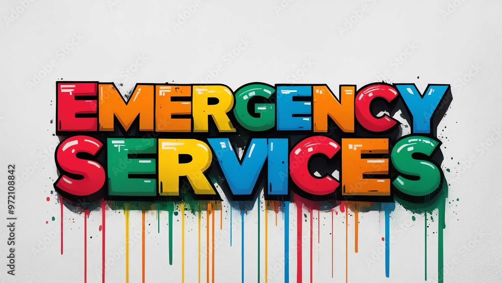 Wall mural emergency services word colorful lettering graffiti art concept on plain white background