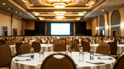Conference Hall Ready:  A spacious conference hall, adorned with elegant chandeliers and a large projection screen, awaits attendees. The room is meticulously prepared with round tables, chairs, and w