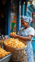 An African woman sharing a basket of flavorful french fries at a bustling street food market.