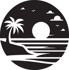 A silhouette of a sun rise sea beach icon and logo design.