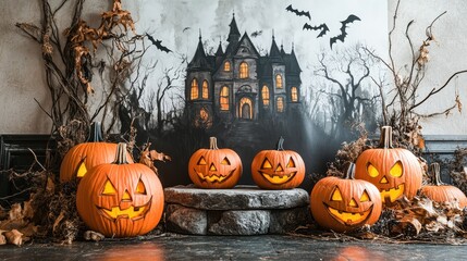 A rustic podium of stone showcases carved pumpkins, surrounded by dead branches and a haunted mansion silhouette in the background