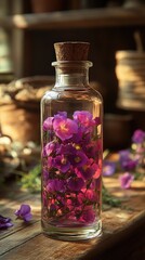 Glass bottle filled with essence, oil or perfume.