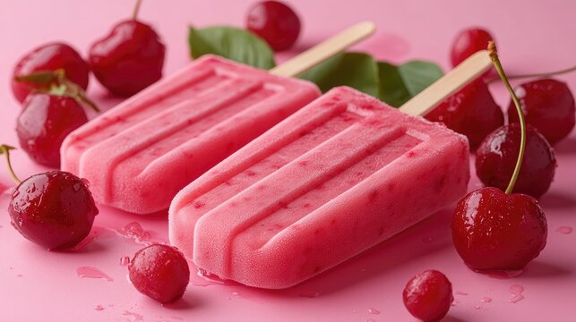 Cherry ice cream pops lying on pink background with cherries