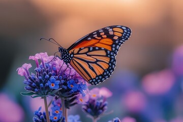 Obraz premium Monarch butterfly perched on a purple flower gathering nectar