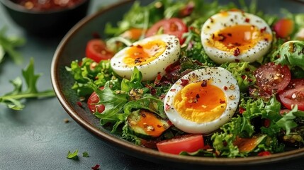 Fresh salad with lettuce, eggs, tomatoes and hot sauce being prepared on plate