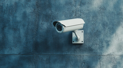 Silent Guardian on Blue Concrete: A lone security camera keeps watch, mounted on a textured blue concrete wall, evoking themes of safety, surveillance, and urban vigilance. 