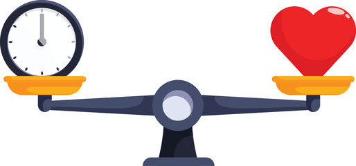 Balance scale weighing a clock and a heart, symbolizing the balance between work and personal life