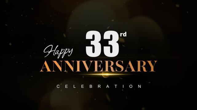 Happy 33rd anniversary, Text with white and golden letters and Dark Golden particle Bokeh background