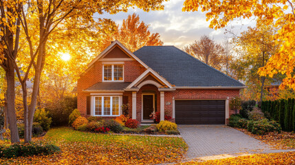 Autumn's Embrace: A Brick Home Bathed in Golden Hour Light 