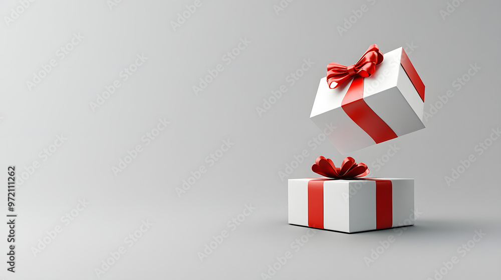 Poster blank white present box open or gift box with red ribbons and bow isolated on white grey background 