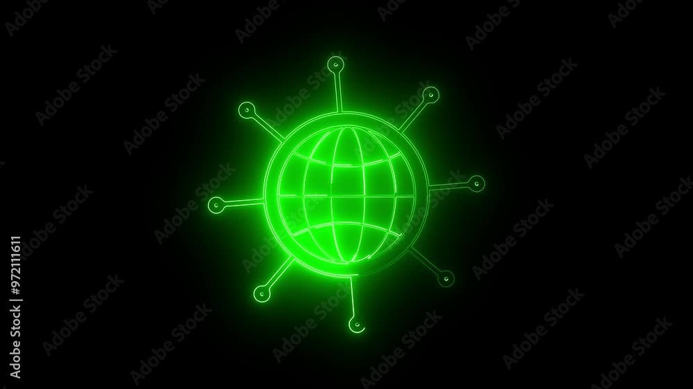 Poster a glowing green color neon globe icon. representing the internet or global connectivity. digital wor