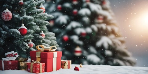 Elegant Christmas Setting with Decorated Tree, Fireplace, and Pile of Wrapped Gifts