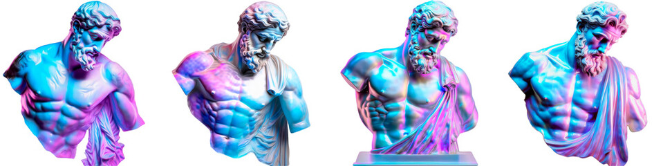 Ancient Greek statue of a man looking down, holographic material, isolated