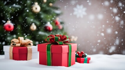 Elegant Christmas Setting with Decorated Tree, Fireplace, and Pile of Wrapped Gifts