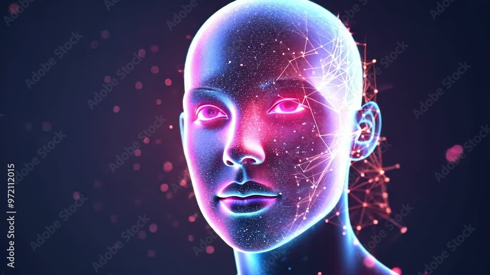 Aufkleber an abstract technological representation of a human face illuminated by vibrant colors and intricate