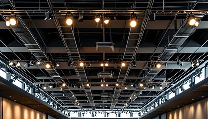 Modern ceiling design featuring spotlight and steel framework in a theater or studio environment