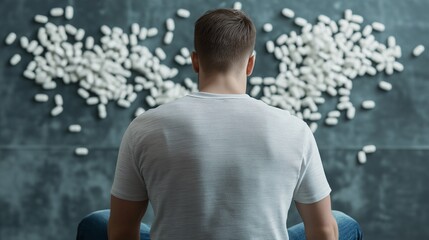 Overwhelmed: A man sits before a wall consumed by pills, embodying the weight of addiction, medication, or mental health challenges. 