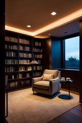 Interior view of a cozy library with dim lighting