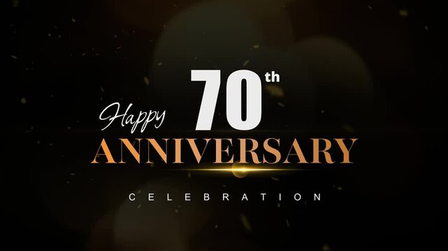 Happy 70th anniversary, Text with white and golden letters and Dark Golden particle Bokeh background