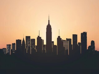 Obraz premium Stunning city skyline silhouette against a colorful sunset, showcasing iconic skyscrapers and urban architecture in harmony.