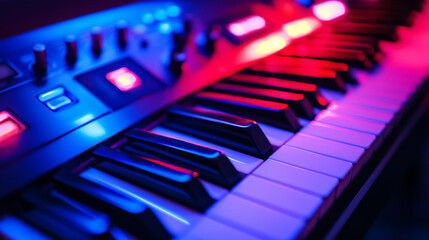 Synth Keys in Neon Light:  A close-up shot of a synthesizer keyboard bathed in vibrant blue and red neon light, capturing the energy and allure of electronic music production.  