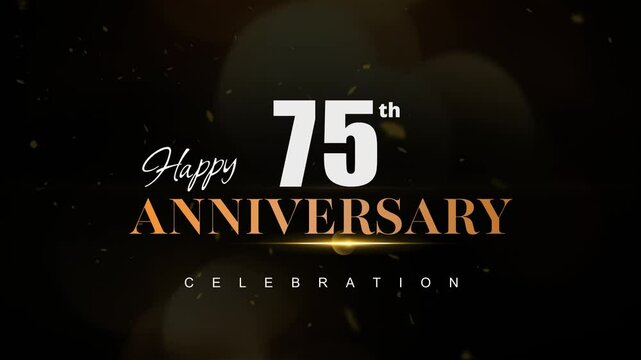 Happy 75th anniversary, Text with white and golden letters and Dark Golden particle Bokeh background