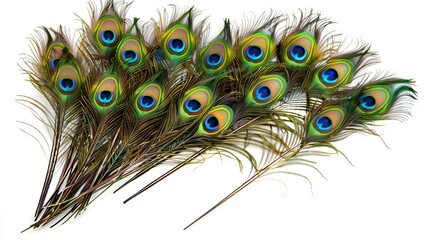 Obraz premium A vibrant collection of peacock feathers showcasing their stunning colors and patterns, perfect for decorative or artistic use.