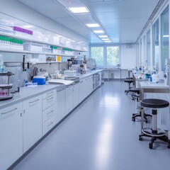 Modern Laboratory Interior with Clean White Workstations and Equipment.