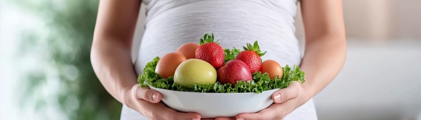 A pregnant person holds a bowl of fresh fruits and vegetables, symbolizing health and nutrition during pregnancy.