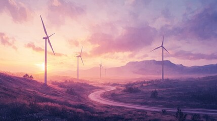 Obraz premium Wind turbines stand tall in a quiet valley, surrounded by imposing mountains and a winding river, painted in soft watercolor hues of dawn and mist