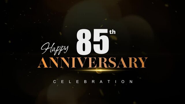 Happy 85th anniversary, Text with white and golden letters and Dark Golden particle Bokeh background