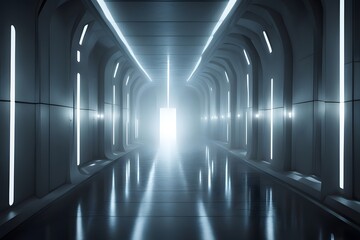 Shiny white rays of light piercing through the darkness in a futuristic sci-fi hallway, AI Generated