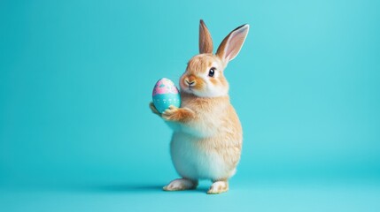 A bunny standing on two legs holding a decorated Easter egg in one hand