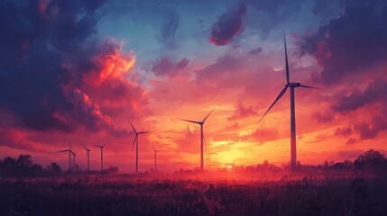 Obraz premium Sunset over wind farm, pastel colors blending in the sky, turbines casting dramatic shadows, Watercolor style