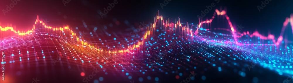 Poster colorful abstract wave pattern representing sound frequency and digital data, perfect for technology