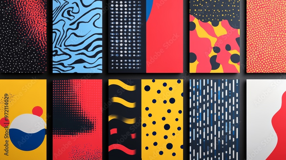 Poster colorful abstract patterns arranged in a grid showcasing various designs and textures for creative i